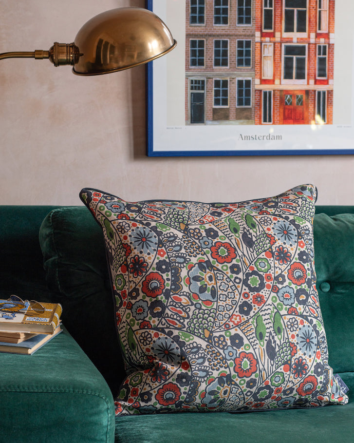kyoto woodblock cushion on sofa