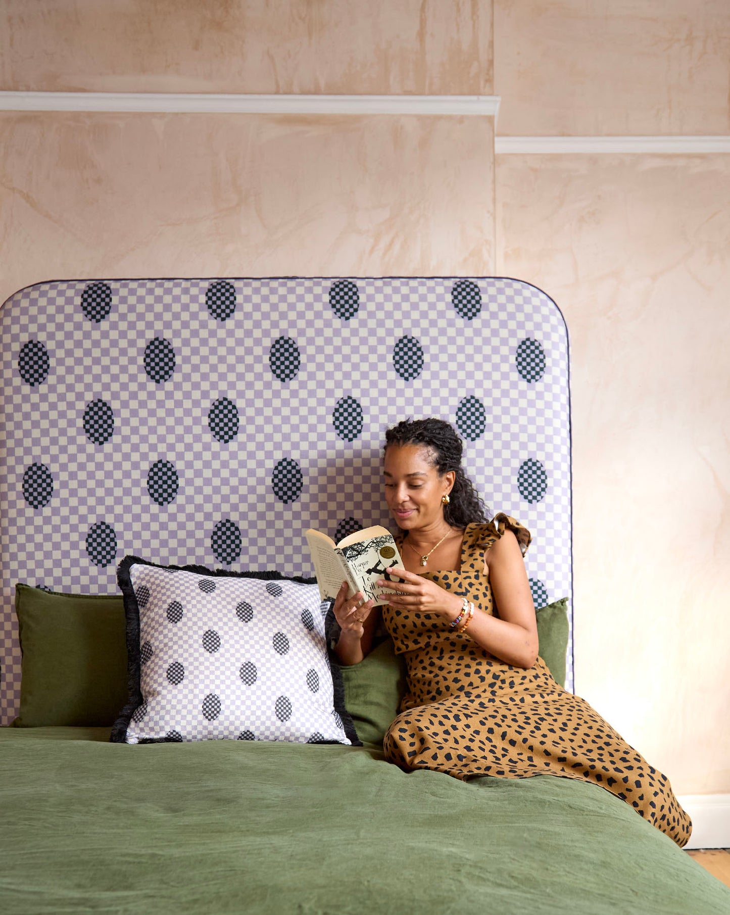Ex Display - Curved Piped Headboard - Deco Checkers in Violet Veils - Micaela Sharp Collaboration