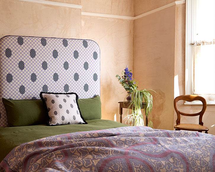 Ex Display - Curved Piped Headboard - Deco Checkers in Violet Veils - Micaela Sharp Collaboration