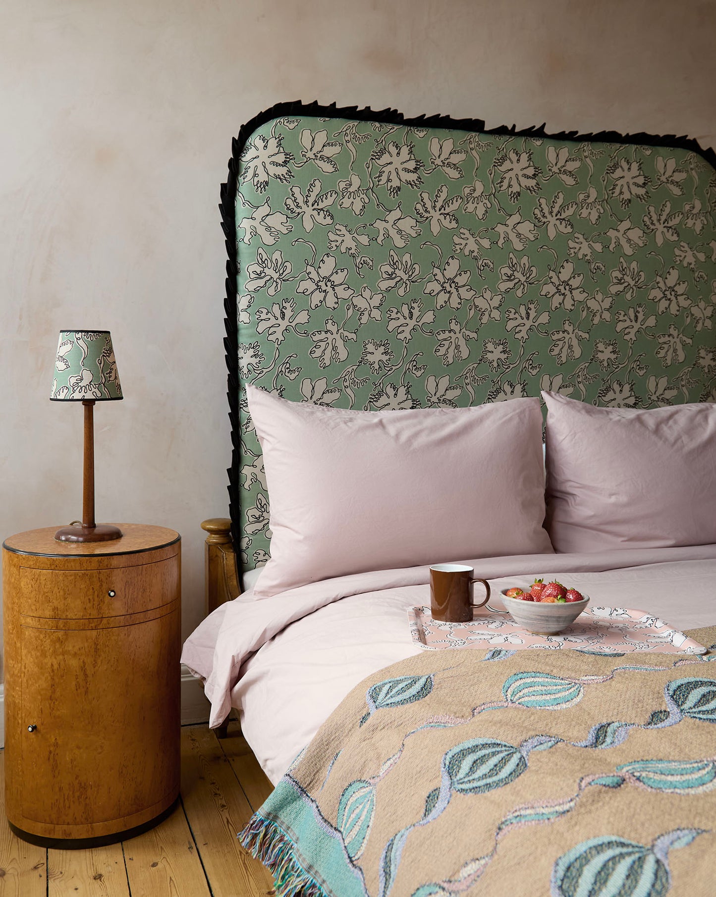 Ex Display - Curved Frill Headboard - Floral Sketch in Seafoam - Micaela Sharp Collaboration