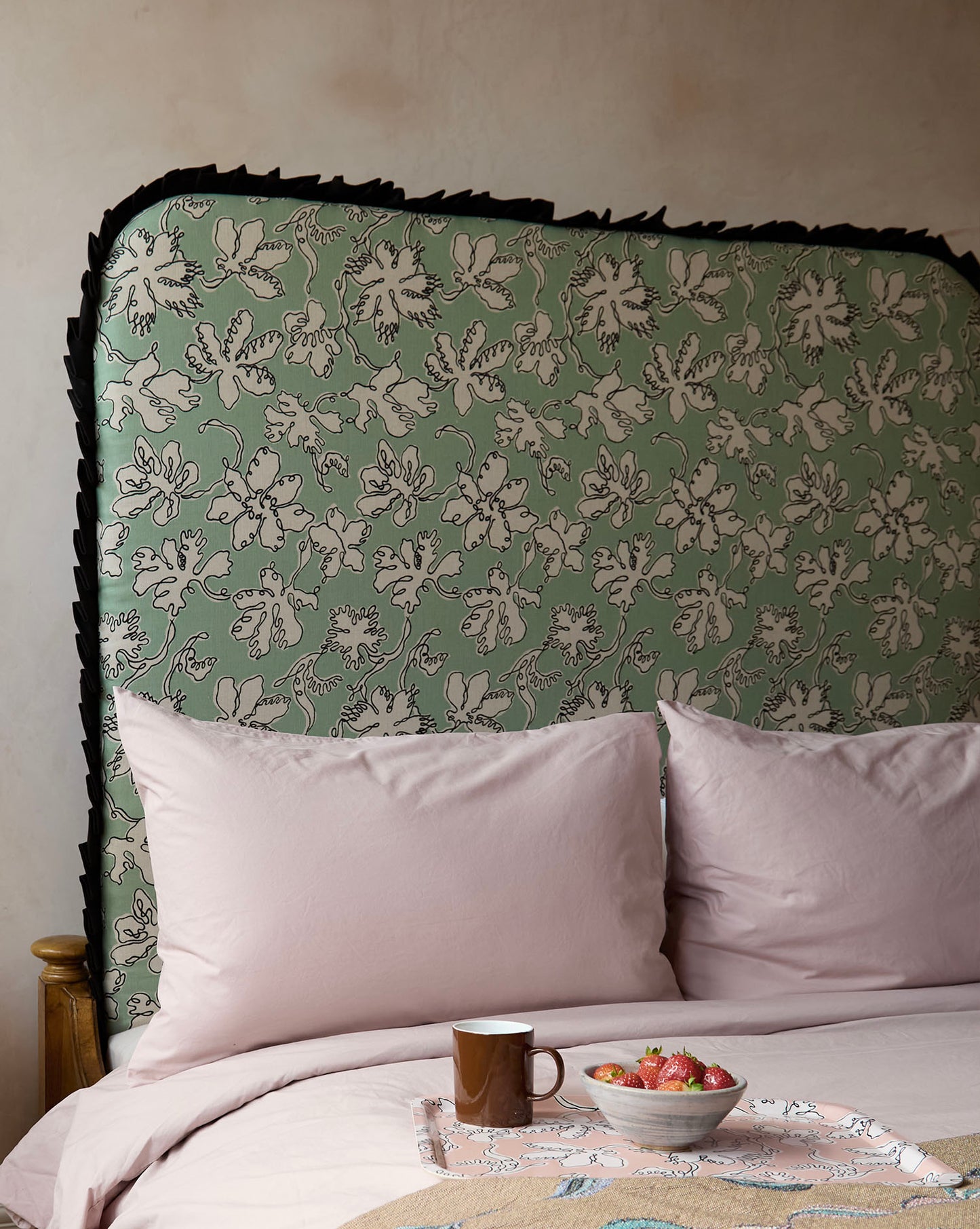 Ex Display - Curved Frill Headboard - Floral Sketch in Seafoam - Micaela Sharp Collaboration