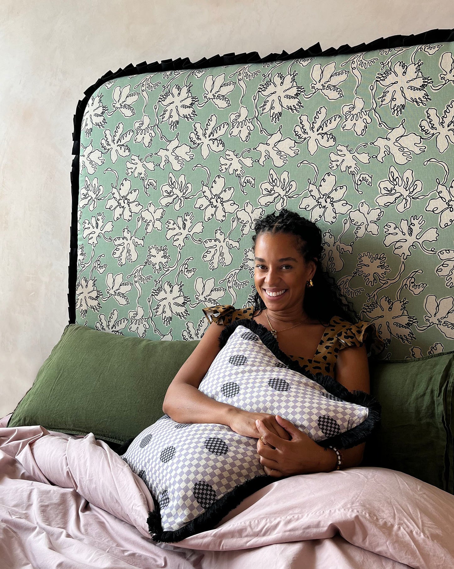Ex Display - Curved Frill Headboard - Floral Sketch in Seafoam - Micaela Sharp Collaboration