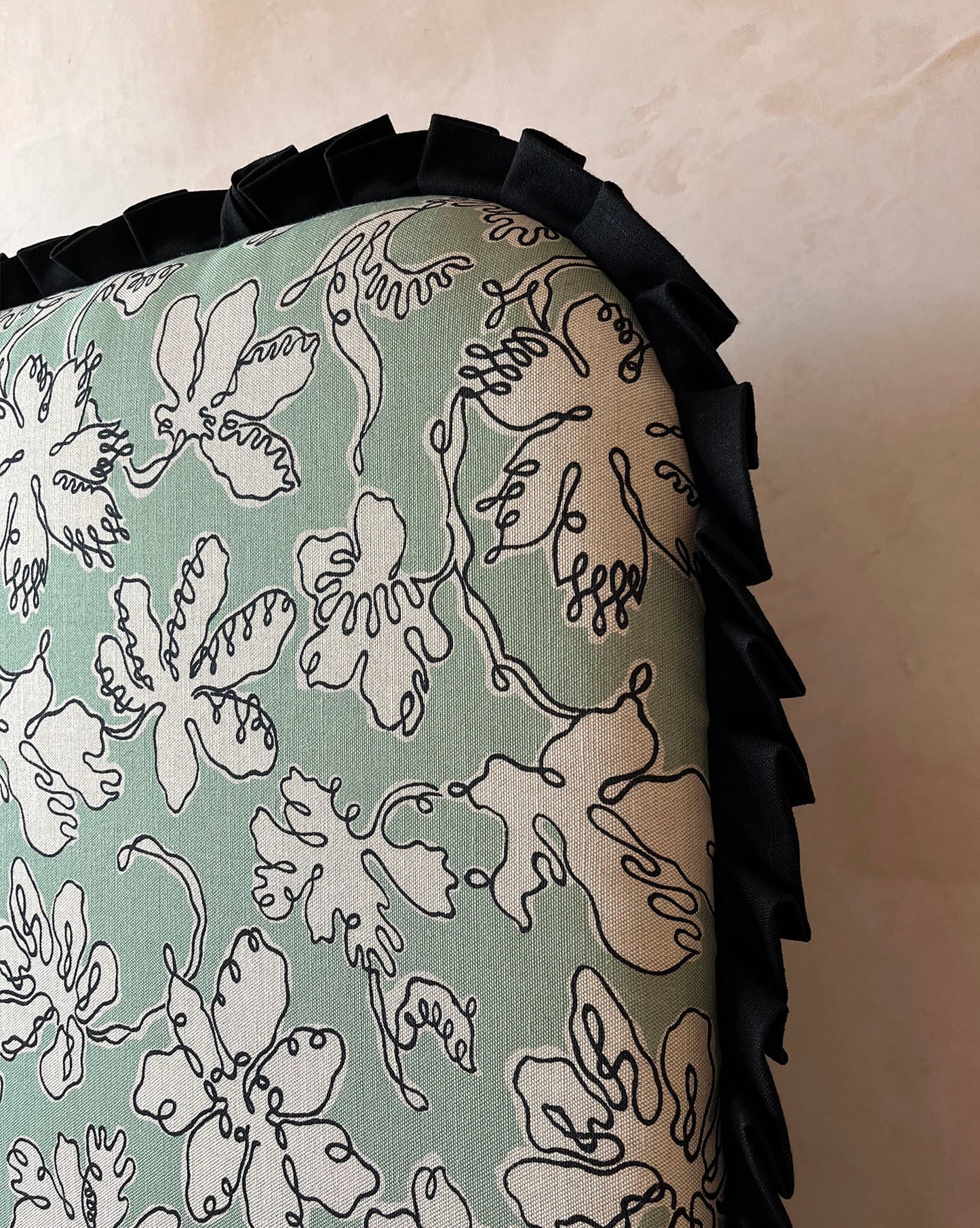 Ex Display - Curved Frill Headboard - Floral Sketch in Seafoam - Micaela Sharp Collaboration
