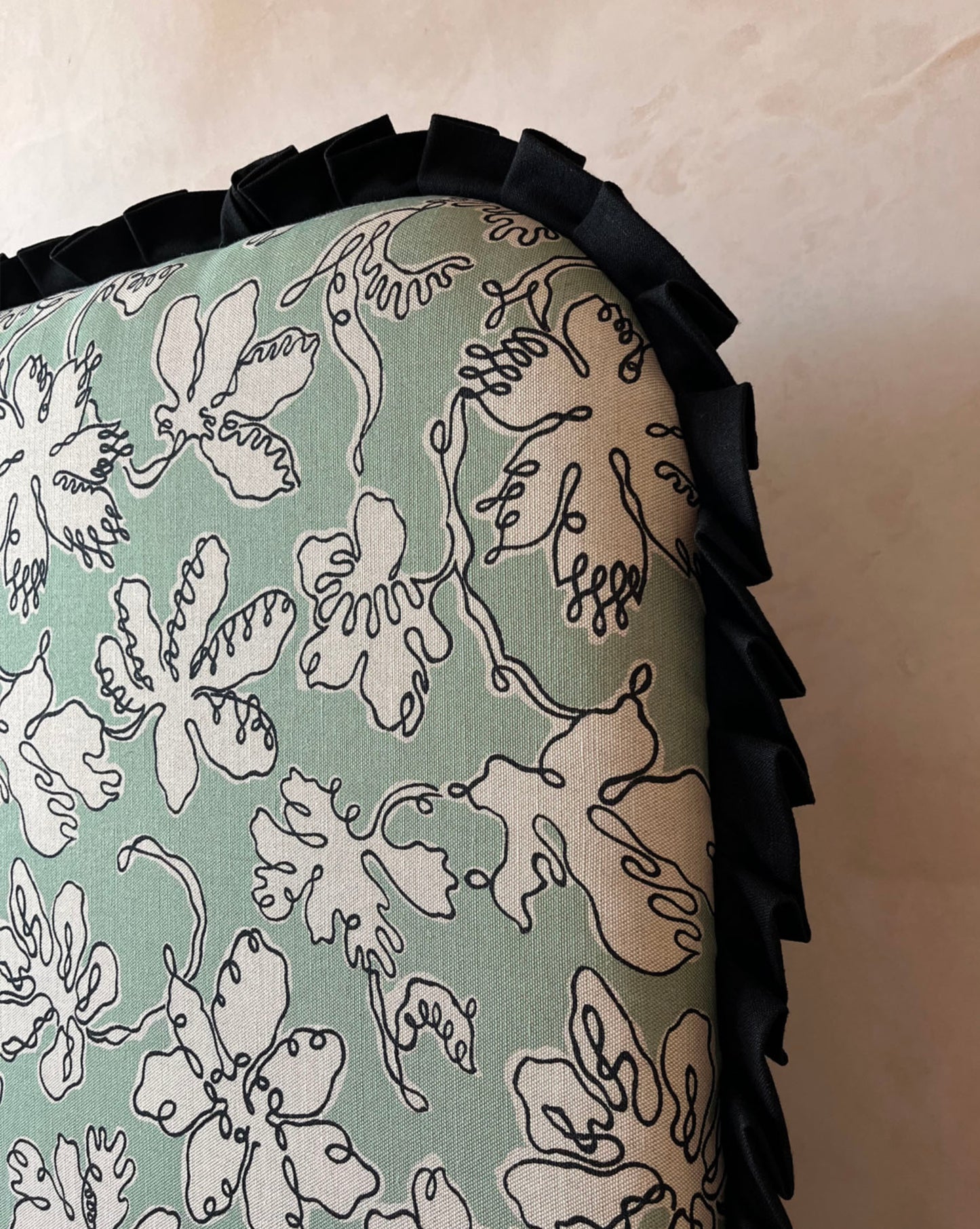 Ex Display - Curved Frill Headboard - Floral Sketch in Seafoam - Micaela Sharp Collaboration