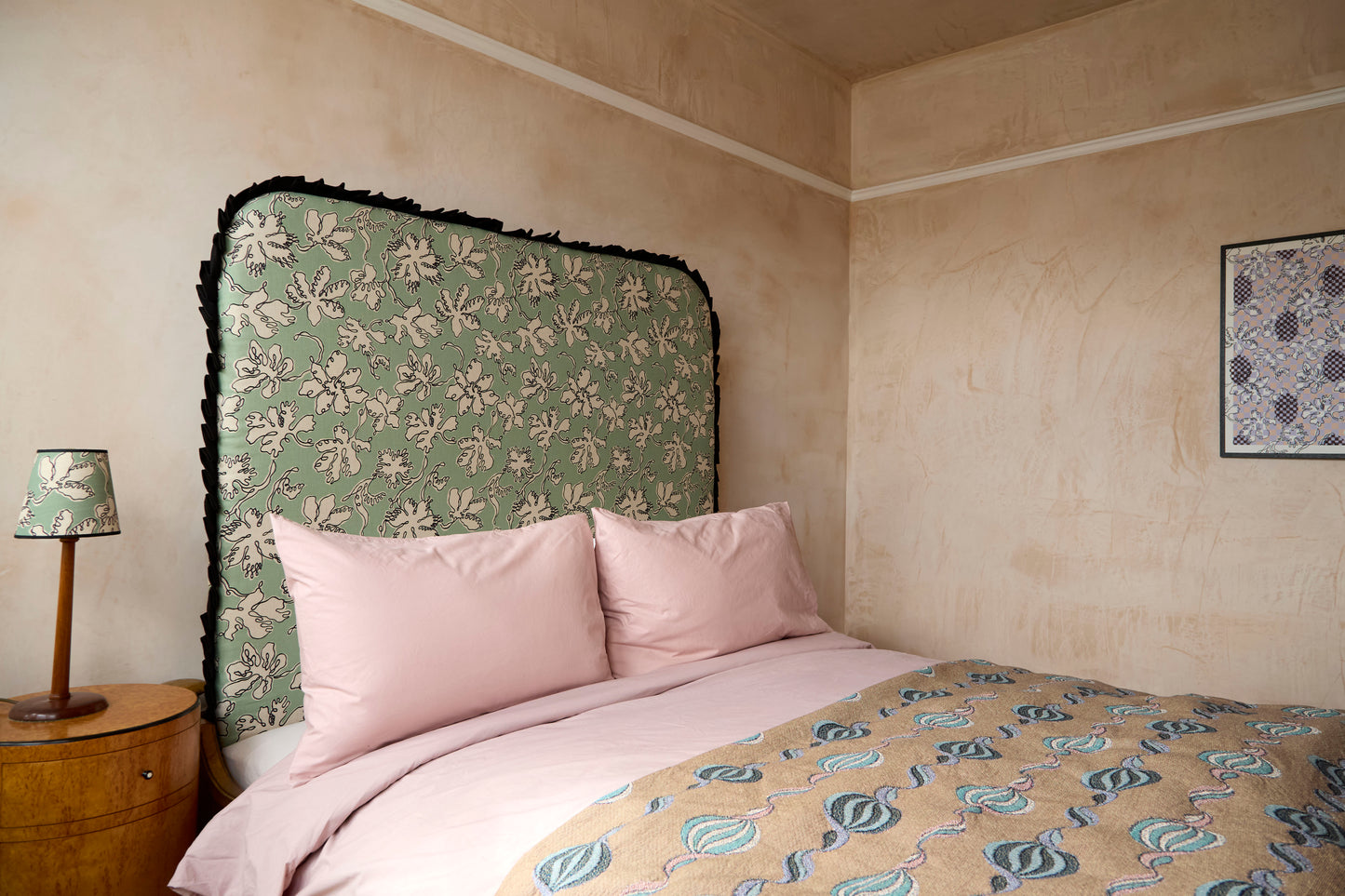 Ex Display - Curved Frill Headboard - Floral Sketch in Seafoam - Micaela Sharp Collaboration