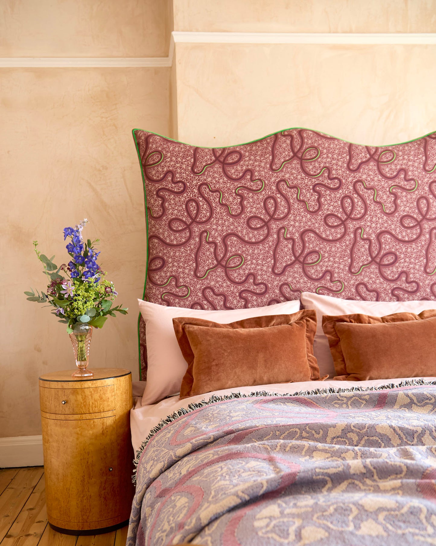 Ex Display - Wave Piped Headboard - The Wiggle Fabric in Raspberry Ripple - Micaela Sharp Collaboration