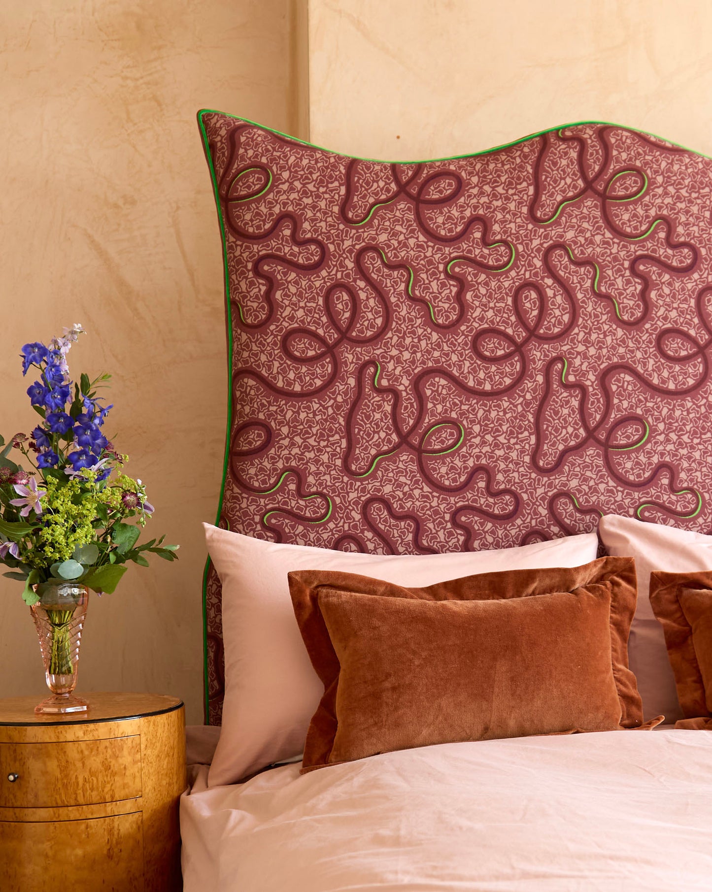 Ex Display - Wave Piped Headboard - The Wiggle Fabric in Raspberry Ripple - Micaela Sharp Collaboration