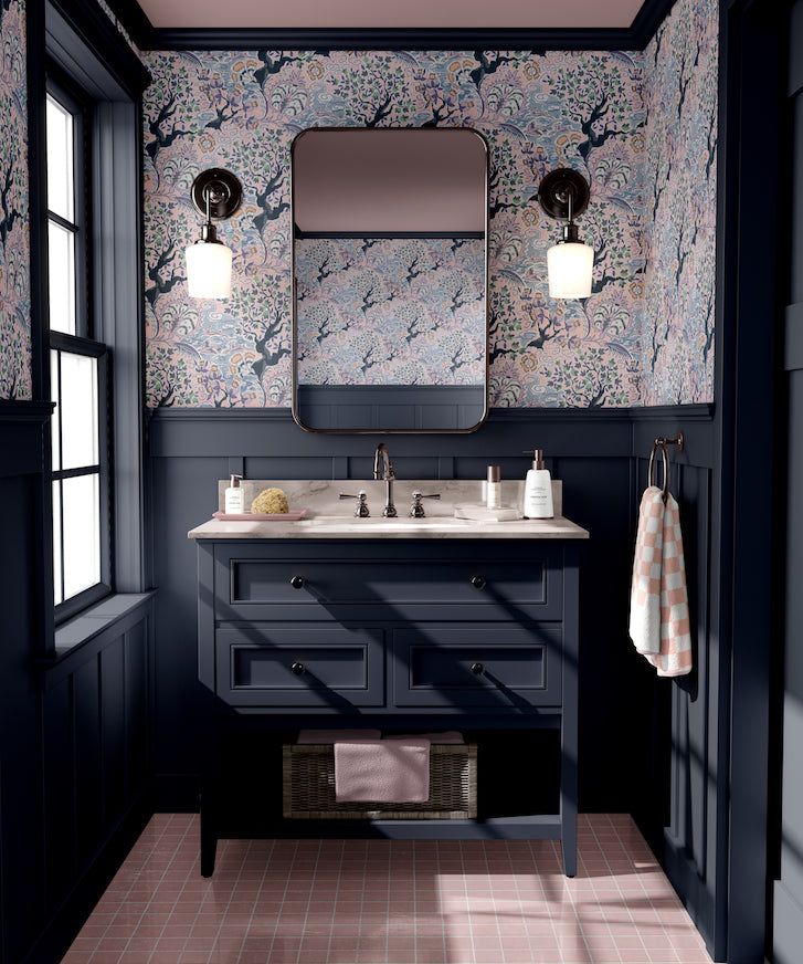 tree of life vintage wallpaper in colourway dawn - bathroom
