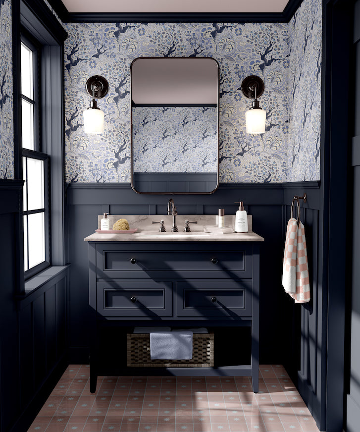 tree of life vintage wallpaper in colourway blue hues - bathroom