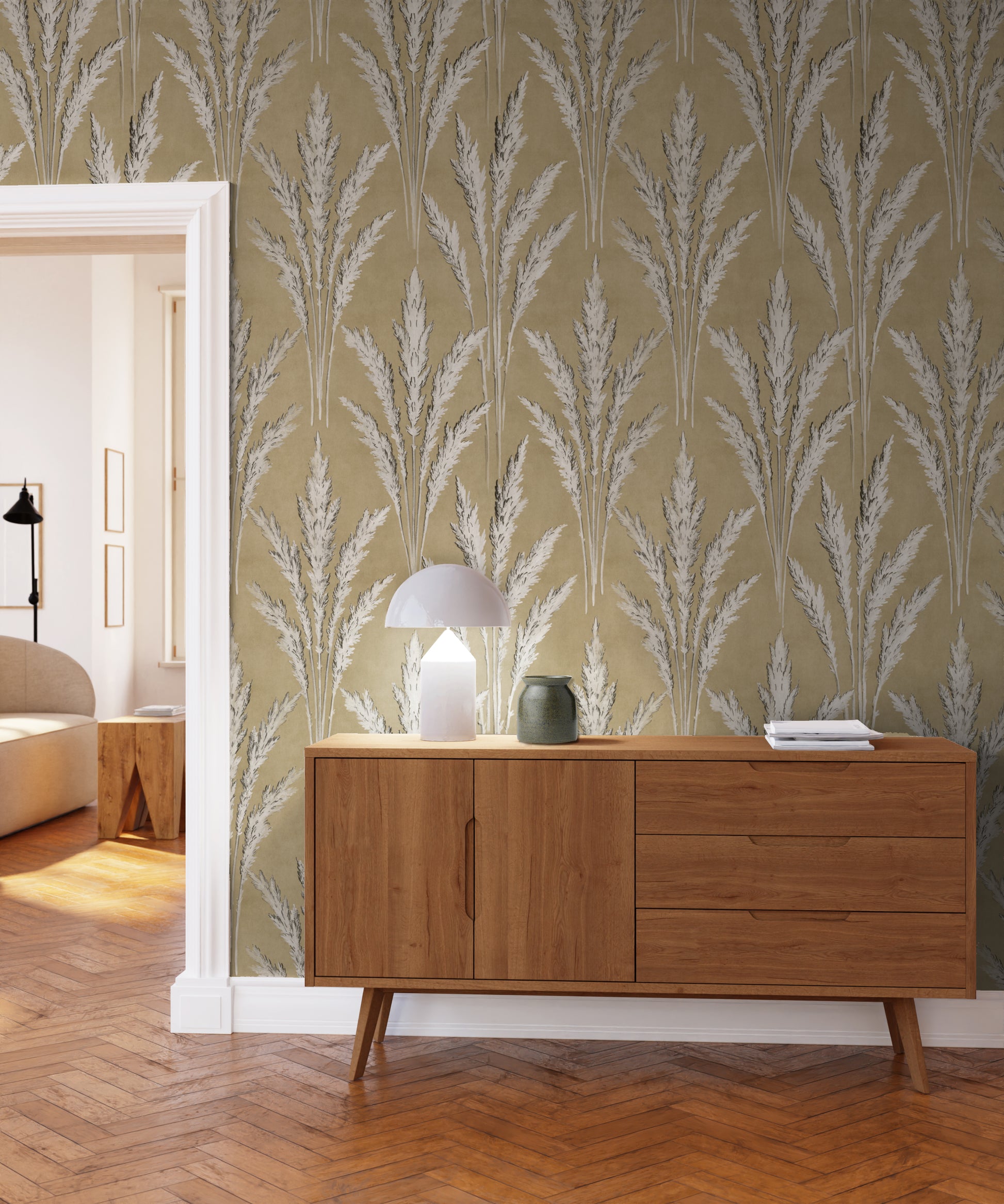 pampas vintage wallpaper in colourway gold
