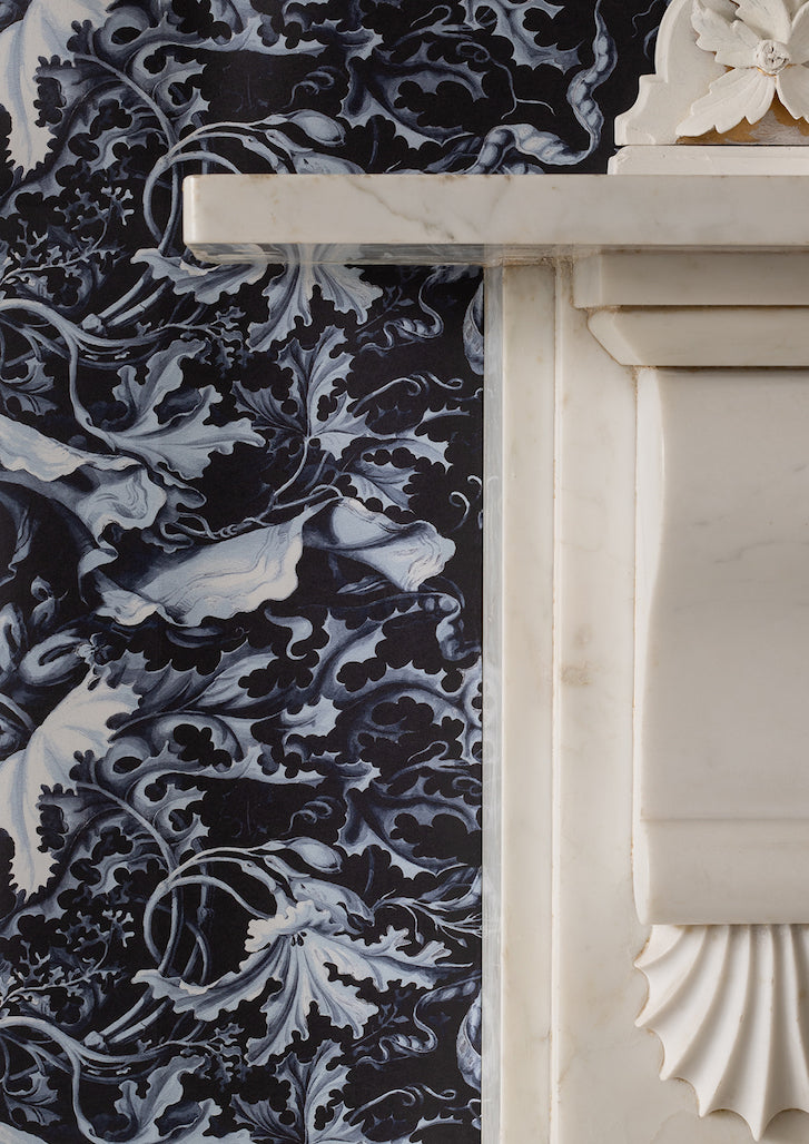 Labyrinth vintage wallpaper in colourway oak - marble fireplace