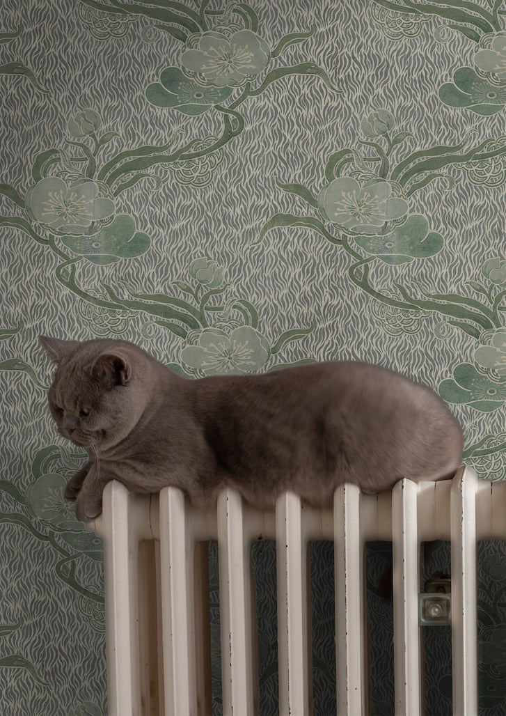 nouveau blossom wallpaper in colourway verte - grey cat