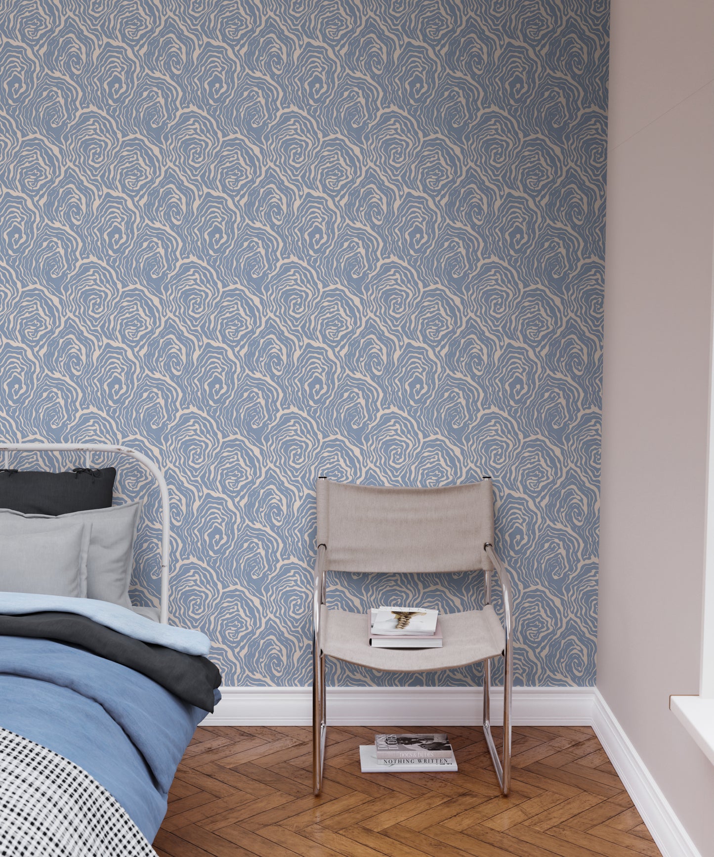 oyster vintage wallpaper in colourway blue foam - bedroom