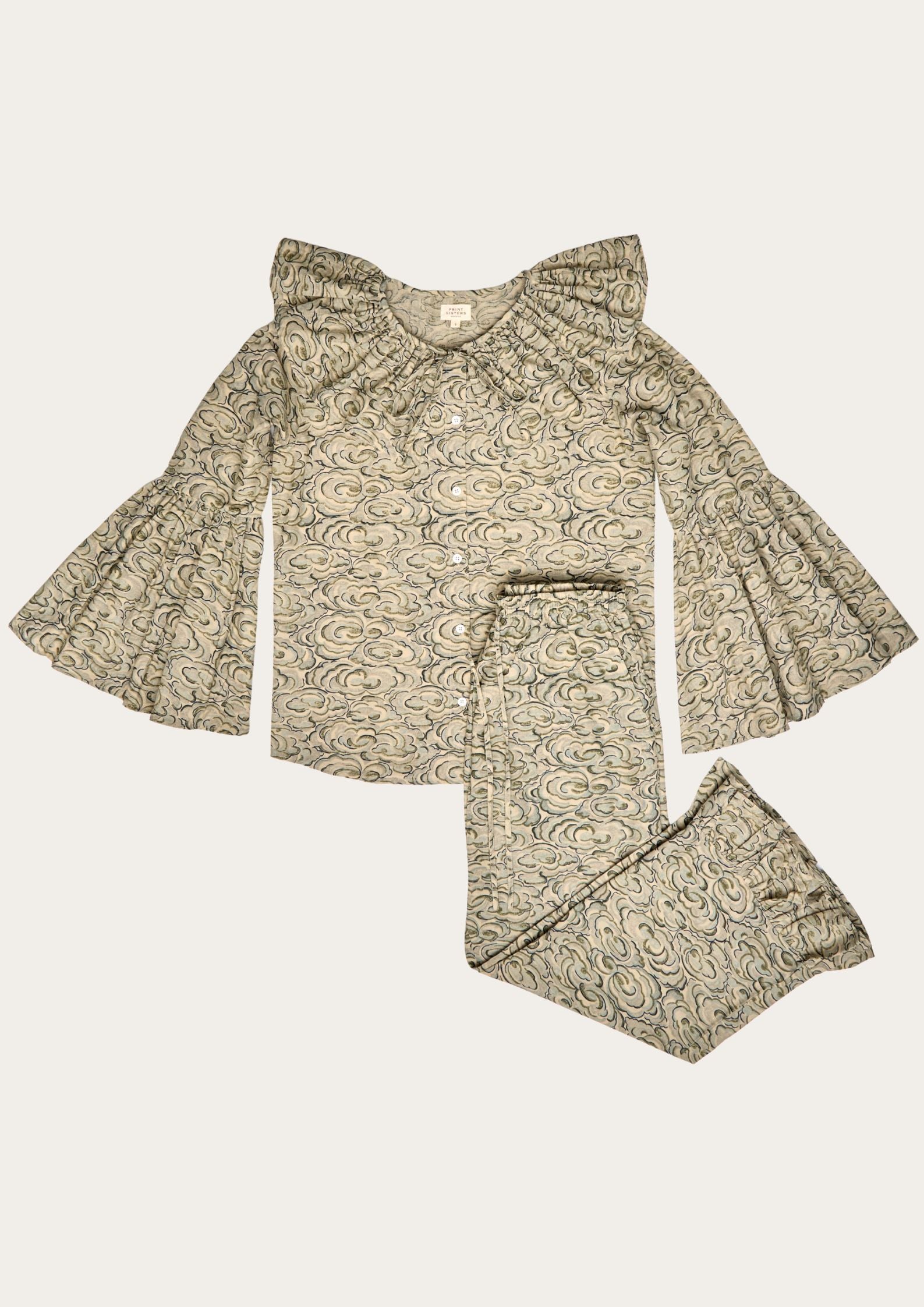 kumo clouds patterned pj outfit with top and pants on a white background