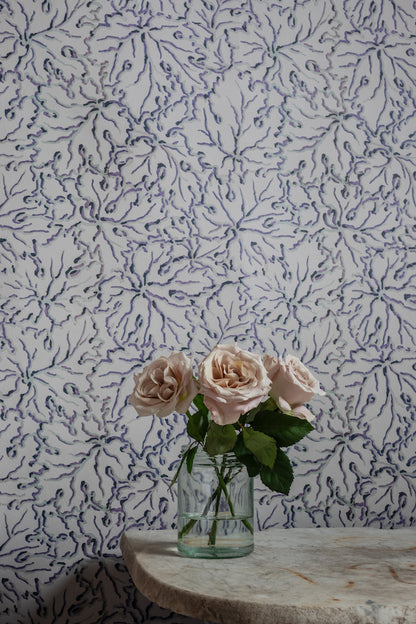 Ethereal leaves wallpaper in misty blues  - with flowers