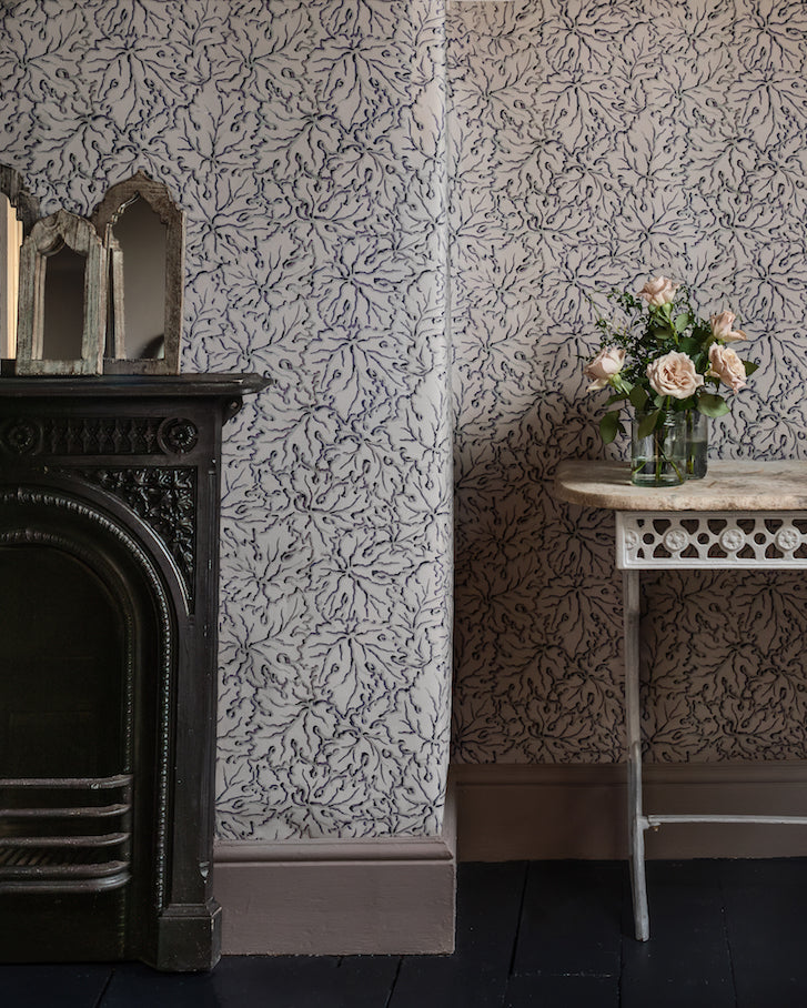 Ethereal leaves wallpaper in misty blues  - walls of sitting room