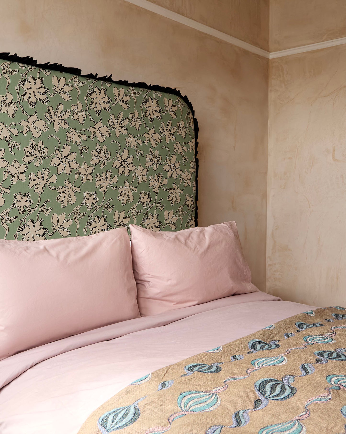 Curved Frill Headboard - Floral Sketch in Seafoam - Micaela Sharp Collaboration