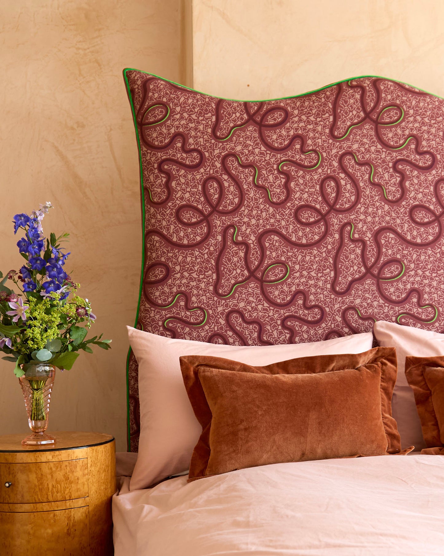 Wave Piped Headboard -  The Wiggle Fabric in Raspberry Ripple - Micaela Sharp Collaboration