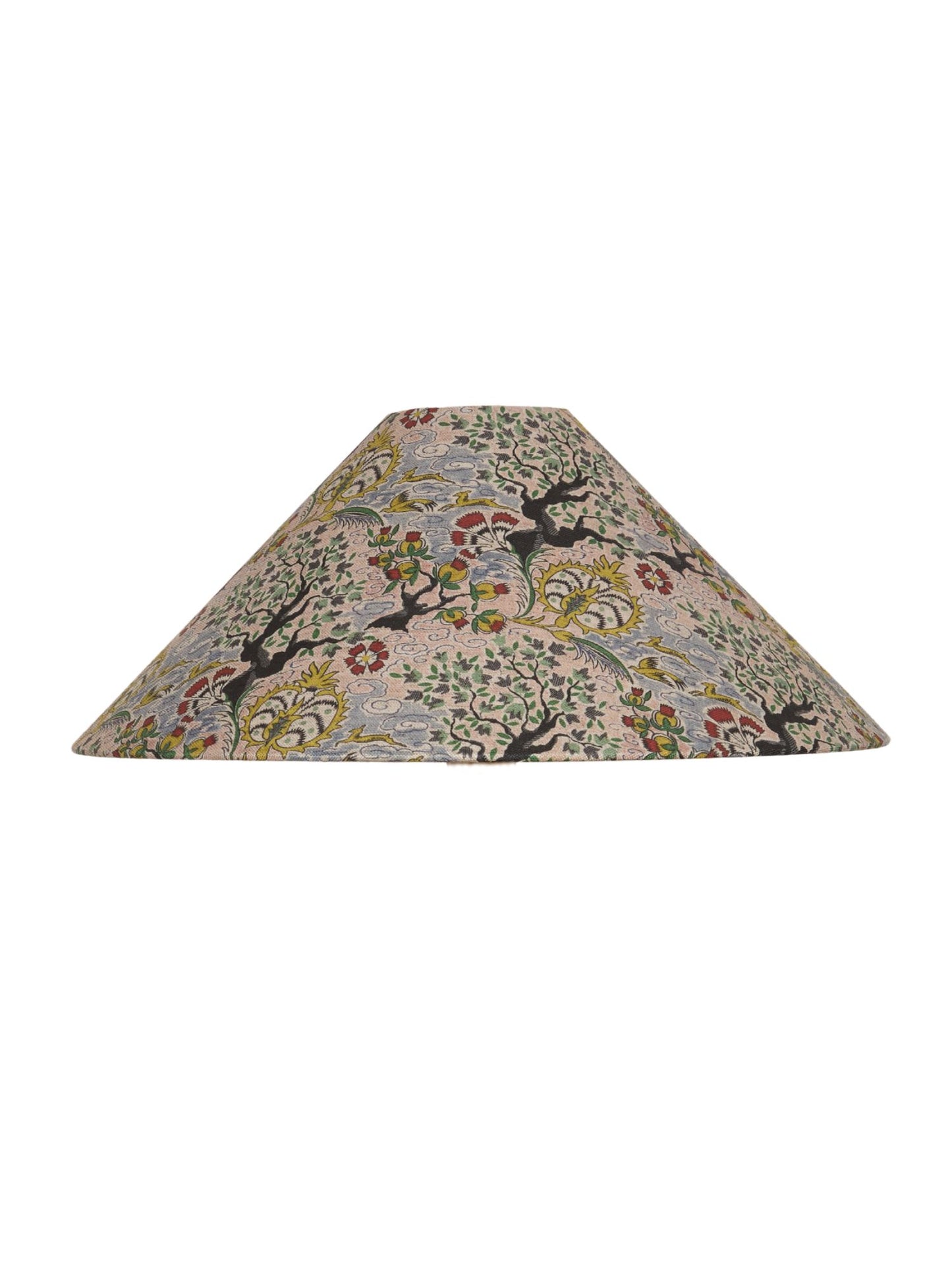 Decorative lampshade with floral and bird pattern on a white background