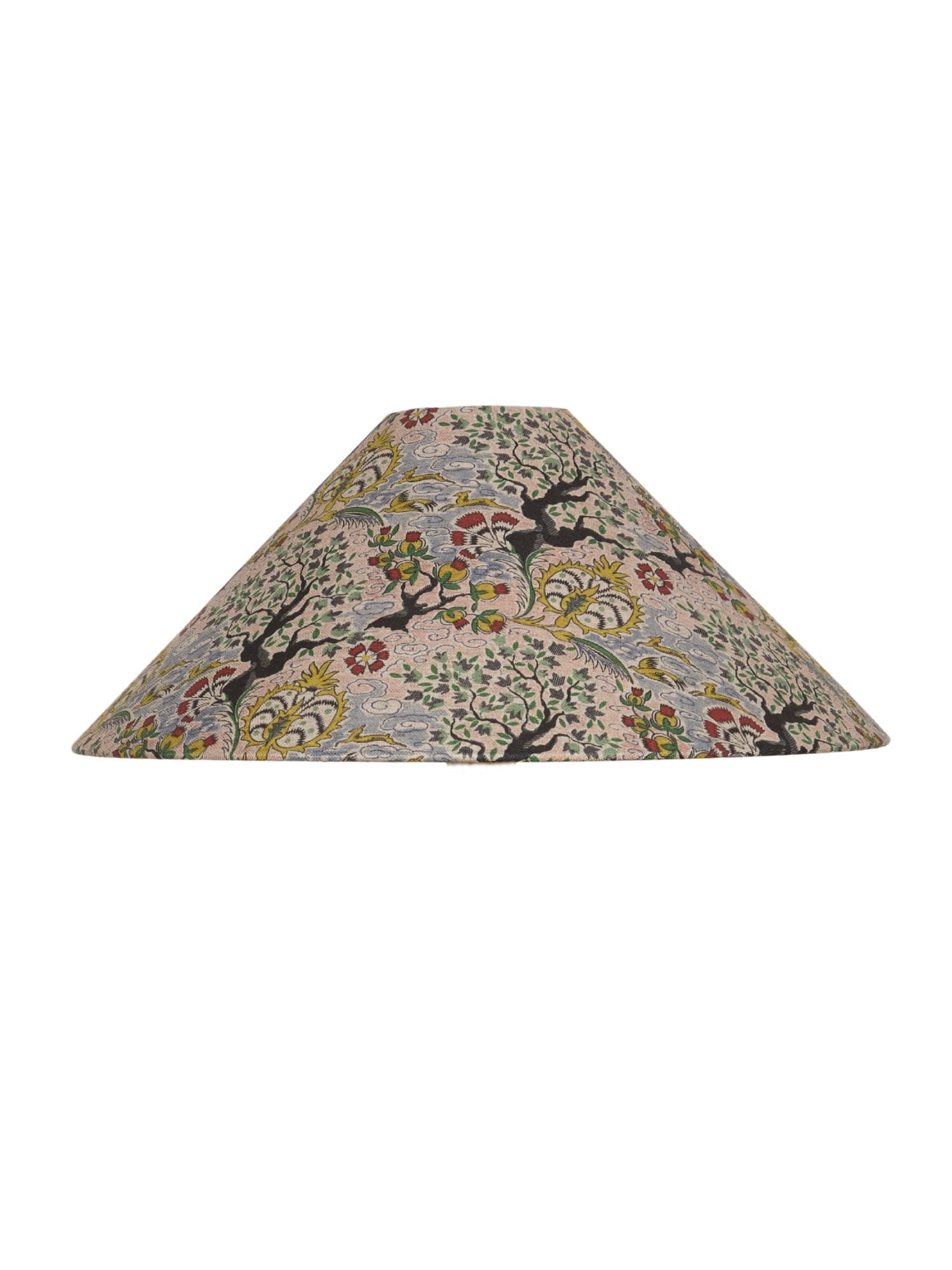 Decorative lampshade with floral and bird pattern on a white background