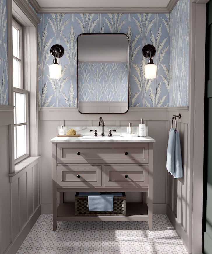 pampas vintage wallpaper in colourway powder blue - bathroom wallpaper