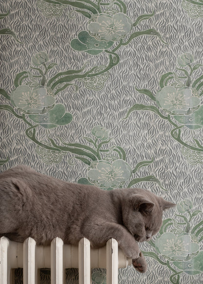 nouveau blossom wallpaper in colourway verte  - grey cat